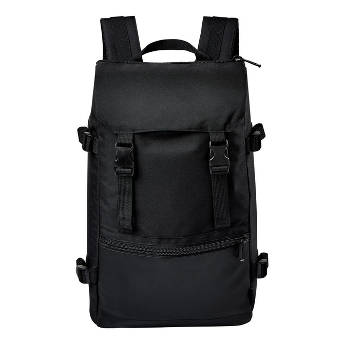 A black backpack featuring adjustable straps, front pocket, and a zippered compartment at the base. It has a logo.