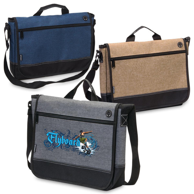 Three laptop satchels in blue, beige, and grey, featuring a logo on one and contrasting black accents.