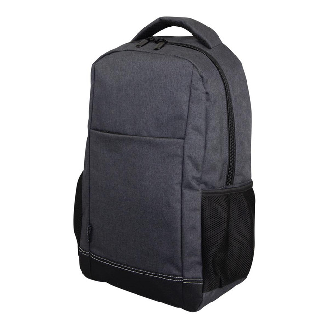A black and grey laptop backpack with a zipper closure and side mesh pockets. It features a logo on the front.