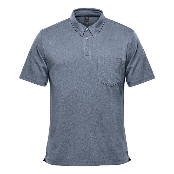 A men's short sleeve polo in a grey tone with a collar and a breast pocket. Features a branded logo.