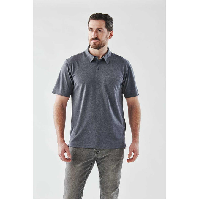 Men's short sleeve polo shirt in dark grey with a subtle texture and a left chest pocket. Features a logo.