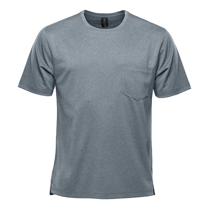 A grey short sleeve performance tee featuring a pocket and a logo on the label.