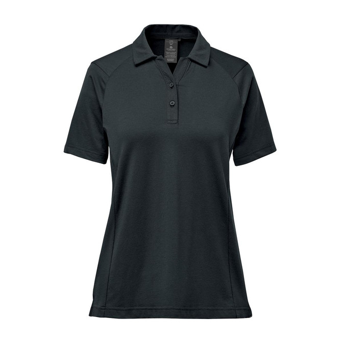 A women's polo shirt in a dark green colour, featuring a collar and short sleeves. The shirt includes a small logo.