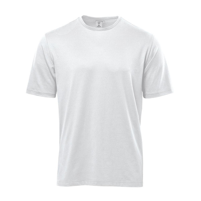 A plain white T-shirt featuring short sleeves, designed as a men's casual tee. It includes a logo on the label.