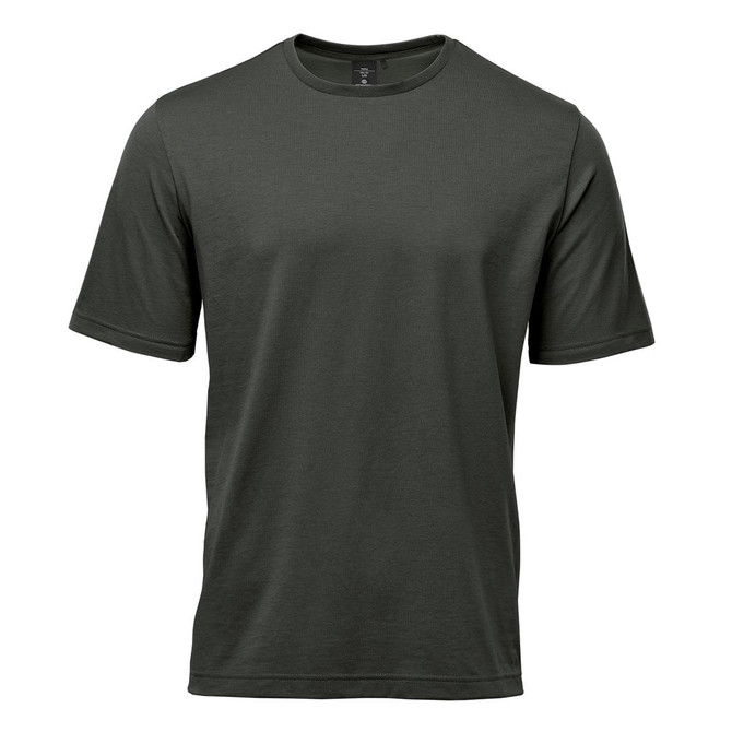 A dark green men's t-shirt featuring short sleeves and a crew neckline. It has a logo on it.