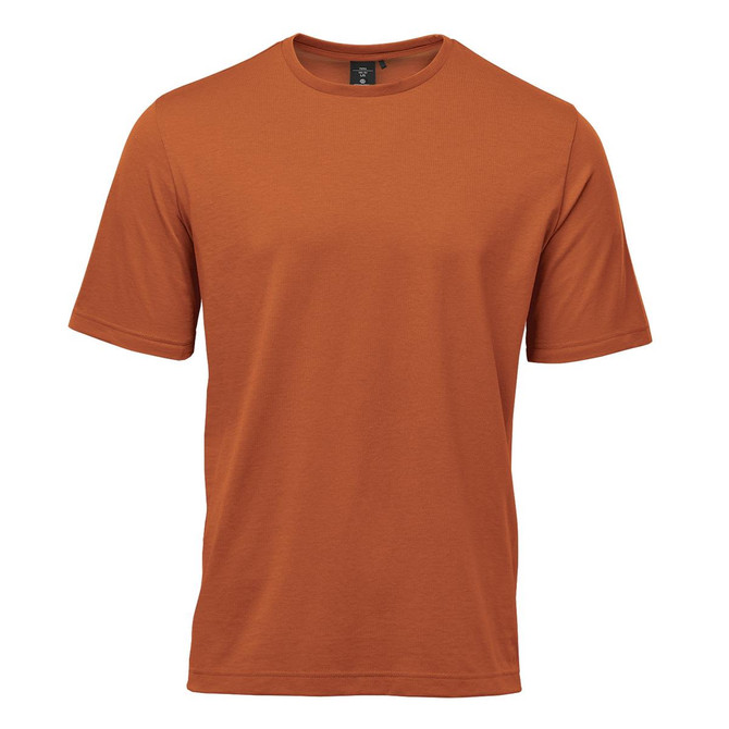 An orange men's t-shirt with short sleeves and a round neckline. It features a branding logo.