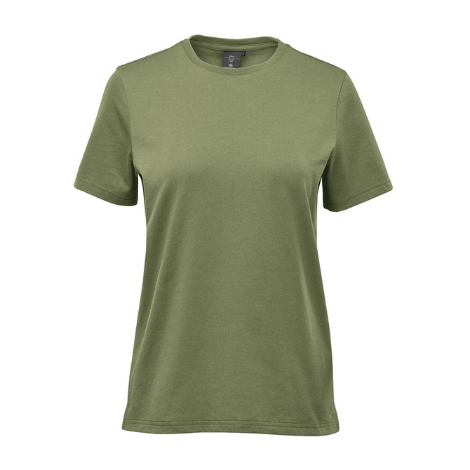 An olive green women's t-shirt with a classic crew neckline and short sleeves. Features a logo on the label.