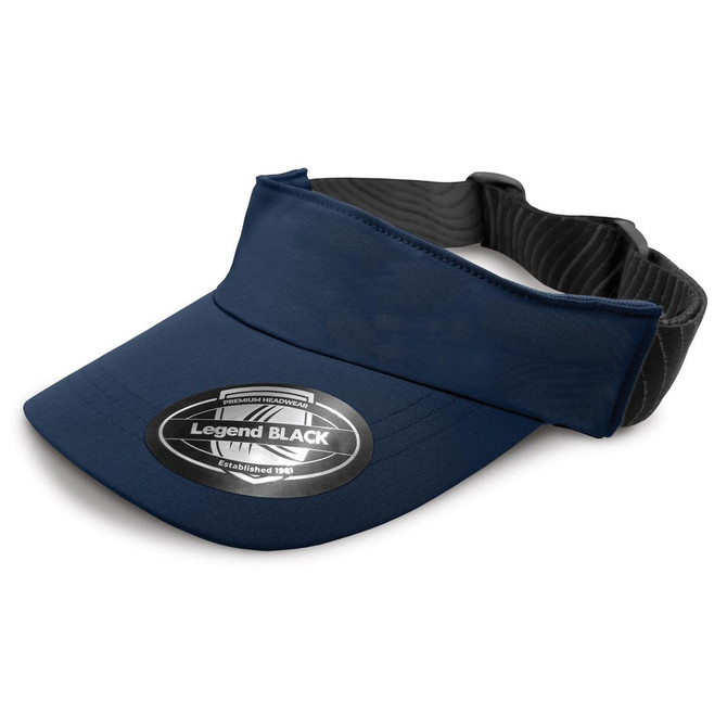 A navy blue sports visor with a wide brim and an adjustable black strap. Features a logo on the front.