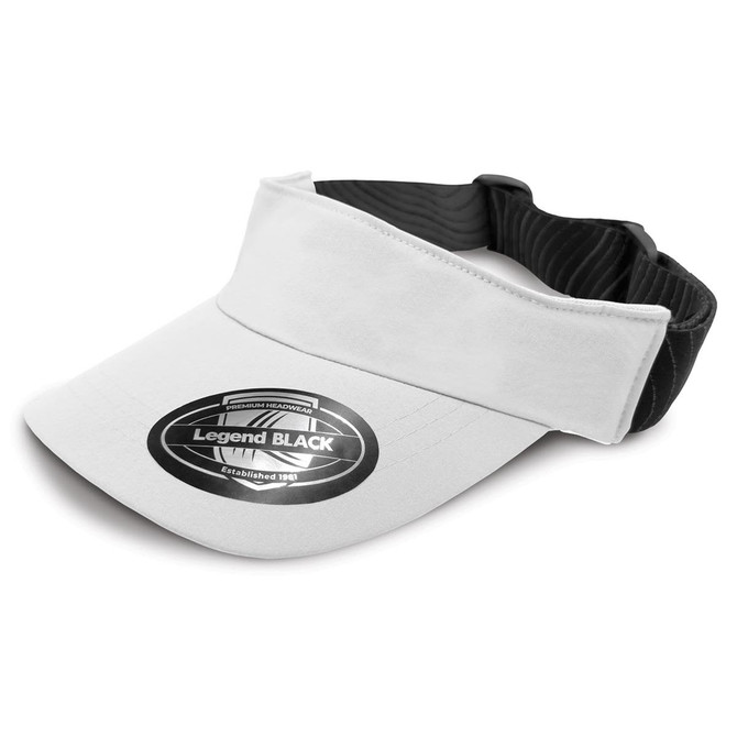 A black and white sports visor featuring a wide brim and an adjustable strap, with a logo displayed on the front.