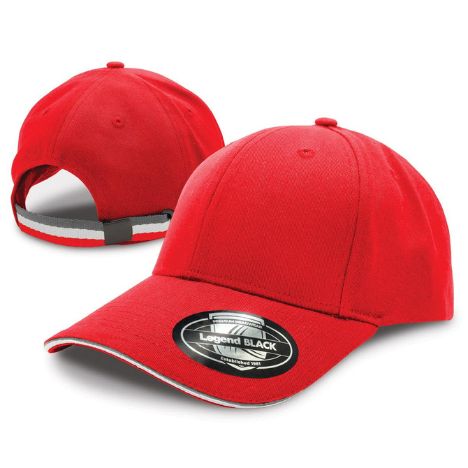 A red cap with a curved brim and an adjustable strap at the back, featuring a logo on the front.