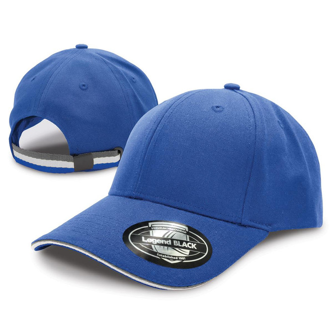 A blue cap featuring a curved brim and an adjustable strap at the back, with a logo on the front.
