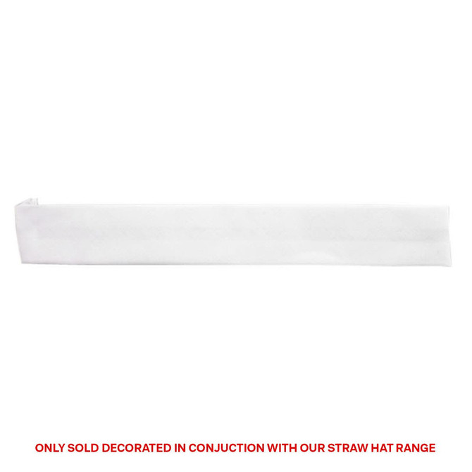 A white cotton hatband, designed to be used with straw hats, featuring a logo.