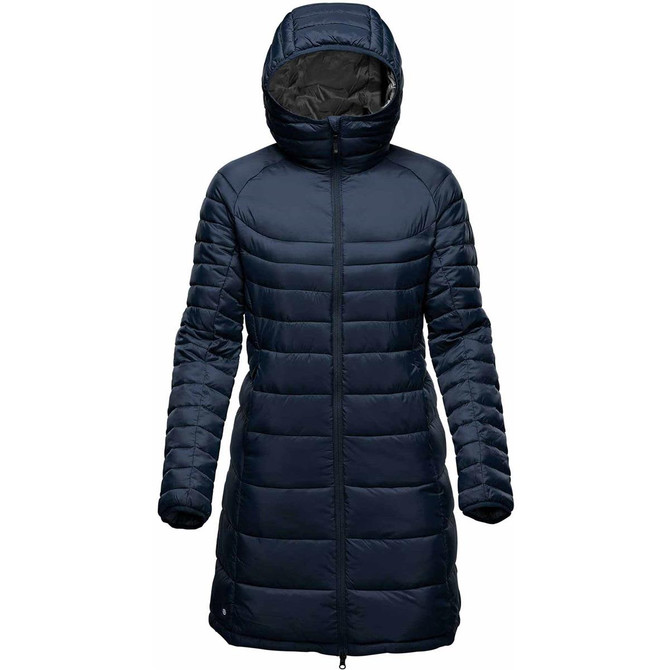 A navy women's parka jacket with a hood, featuring a quilted design and full-length zipper. It includes a branding logo.