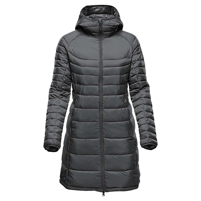 A women's parka jacket in dark grey, featuring a hood and quilted design, with a logo on the sleeve.