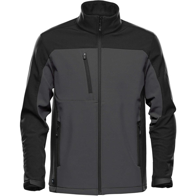 A softshell jacket in grey and black with a zippered chest pocket and two front pockets. It features a logo.