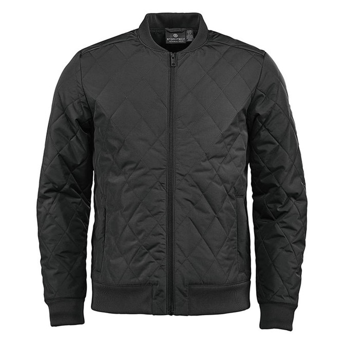 A black thermal jacket with a quilted pattern, featuring a front zip and ribbed cuffs and hem. Includes branding.