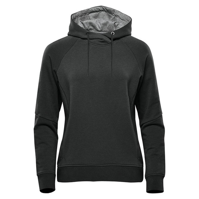 A women's dark green performance hoodie with a drawstring hood and a logo. Suitable for casual wear.