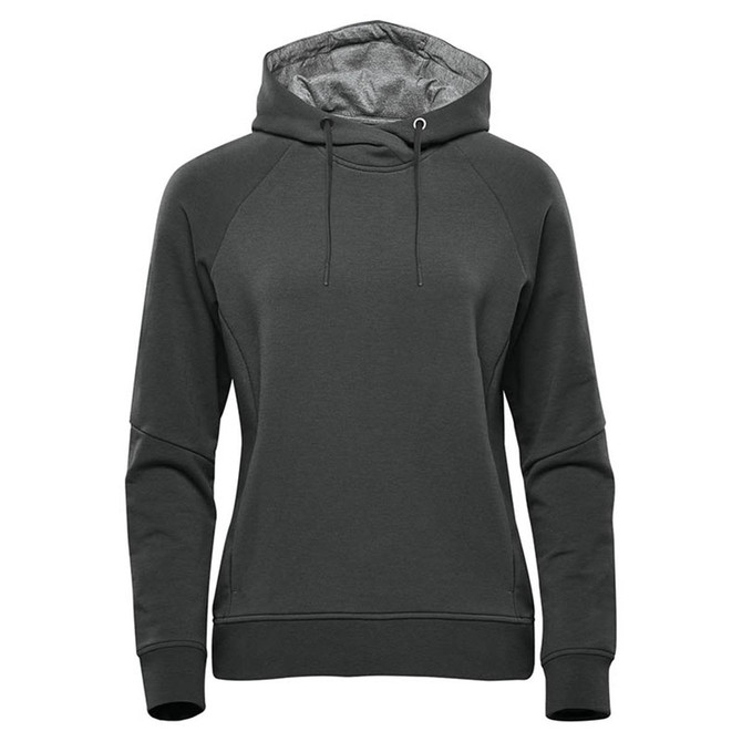 A dark green women's hoodie featuring a drawstring hood and a sleek design. It includes a logo.