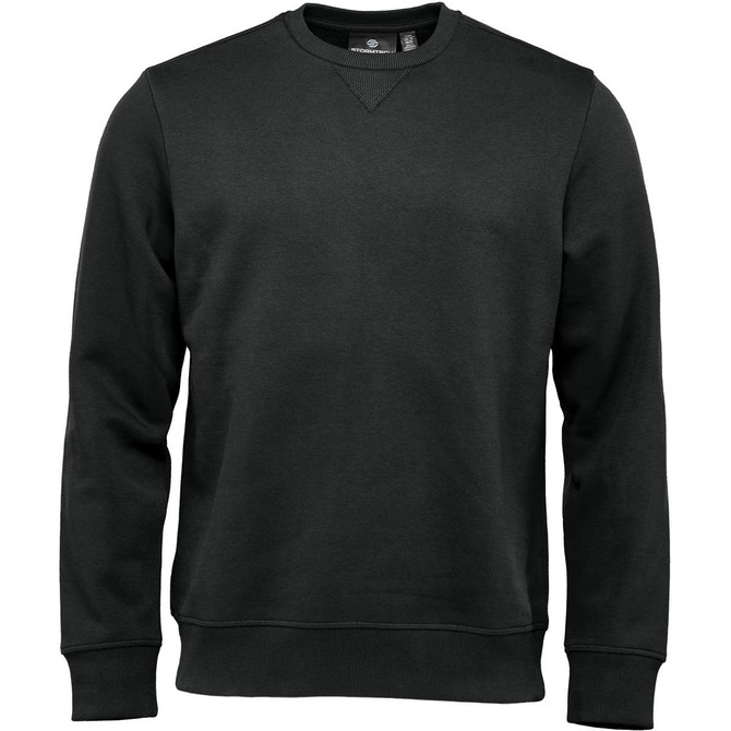 A dark green men's crew pullover jumper with a simple design and a logo on the label.