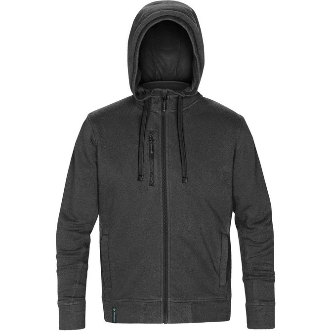A grey full-zip hoodie featuring a hood and front zip pockets, with a logo on the side.