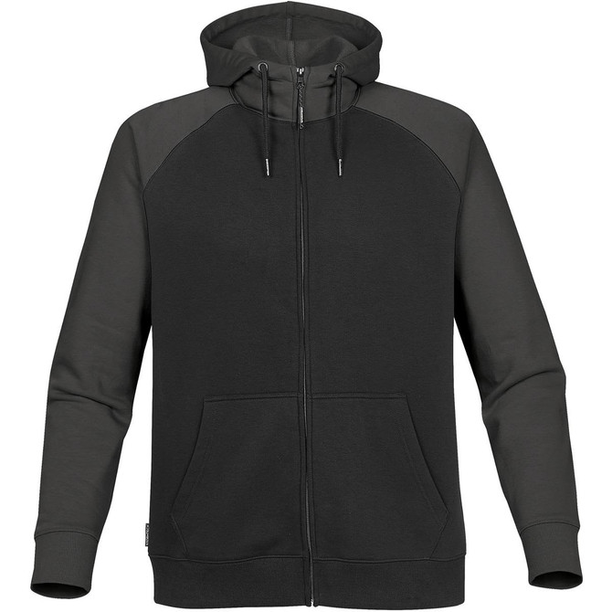 A black and olive green zip-up hoodie with a front pocket and a hood, featuring stitching details and a logo.