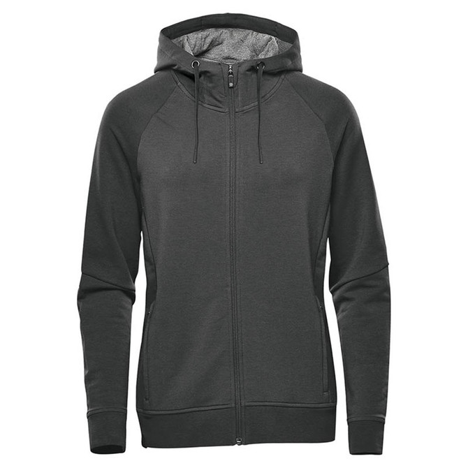 A full zip hoodie in dark grey with a hood, featuring a sleek design and a discreet logo.