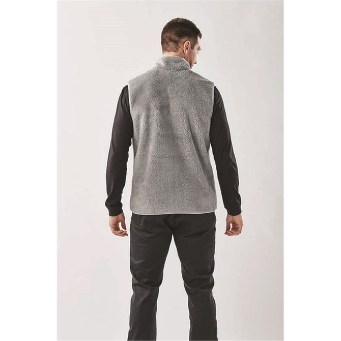 A grey men's Sherpa fleece vest, featuring a back view with a soft, textured design.