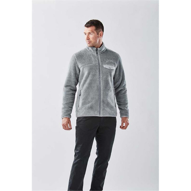 A men's grey Bergen Sherpa fleece jacket with a zip front, featuring pockets and a logo.