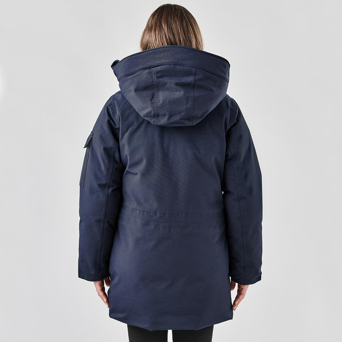 A navy blue women's Denali parka featuring a hood and a casual fit, viewed from the back.
