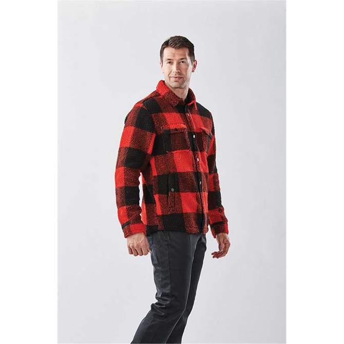 A unisex fleece jacket in red and black check pattern with a collar and button-front design. Features branding.