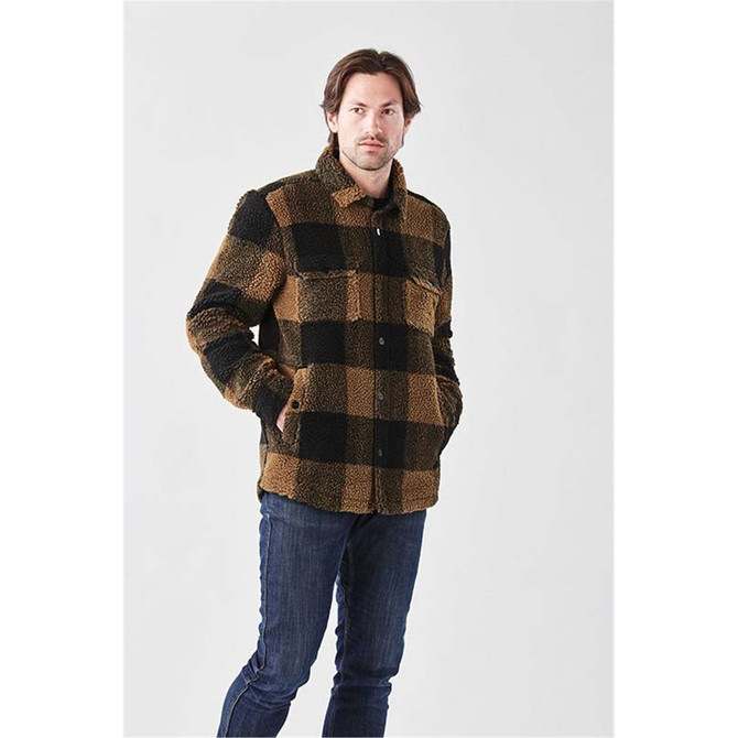 A unisex fleece jacket in brown and black checkered pattern with two front pockets and a branded logo.
