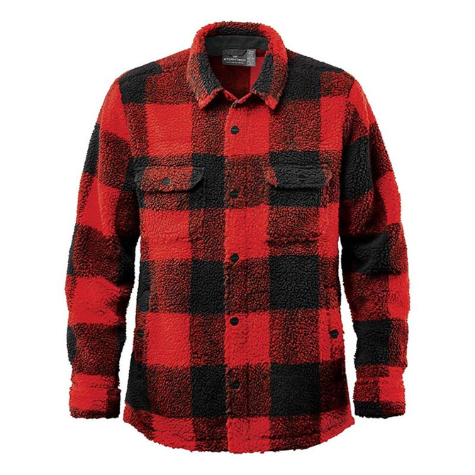 A unisex fleece jacket in red and black check pattern with two chest pockets and a button-up front.