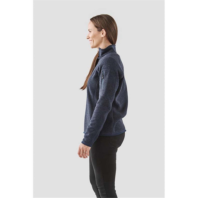 A navy women's Avalante 1/4 zip pullover, featuring a high collar and a side zip pocket.
