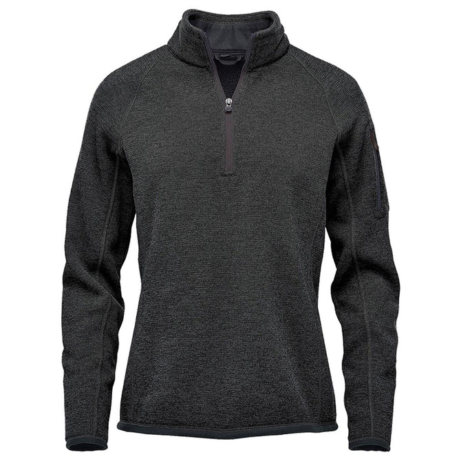 A dark grey women's 1/4 zip pullover jumper with a high collar and a side logo.