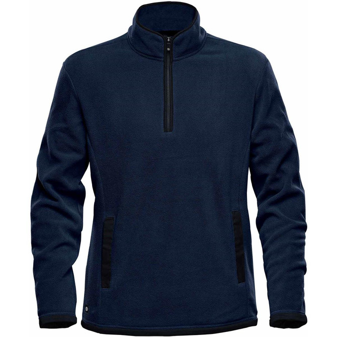 A navy blue men's fleece jumper with a quarter zip and black side panels, featuring a logo.
