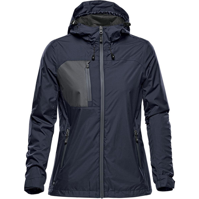 A women's rain jacket in navy blue with a hood and zippered pockets, featuring a logo.