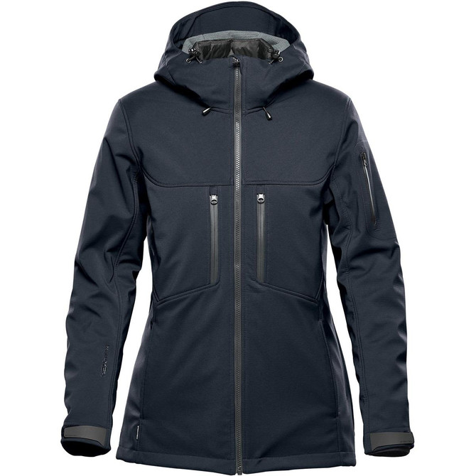 A dark grey women's jacket with a hood, featuring zippered pockets and a sleek design. It includes a logo on one sleeve.