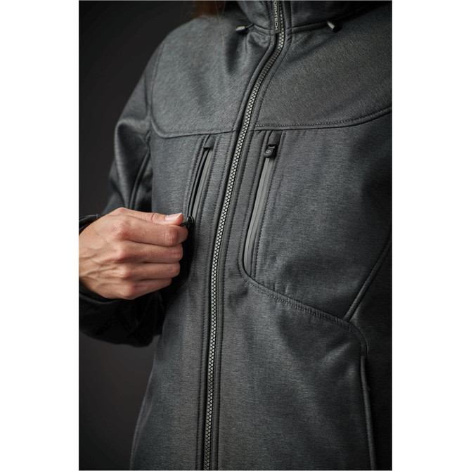A close-up of a dark grey women's jacket featuring zippered pockets and a high collar, with a person adjusting the zipper.