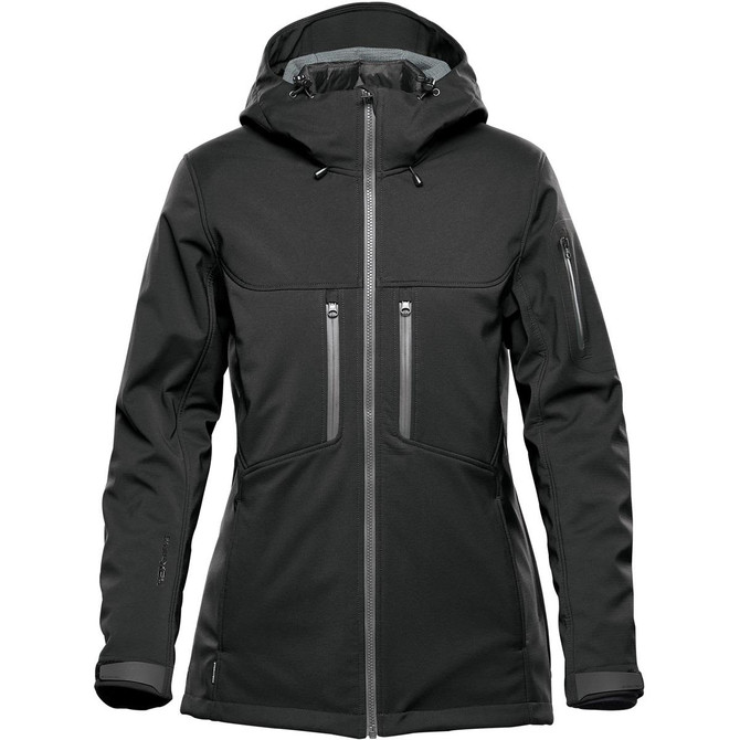 A black women's jacket with a hood, featuring multiple zippered pockets and a sleek design. It has a logo on the side.