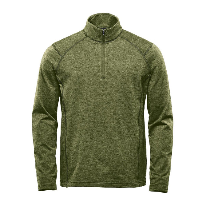 A green men's 1/4 zip pullover in a performance fabric design, featuring a high collar and long sleeves.