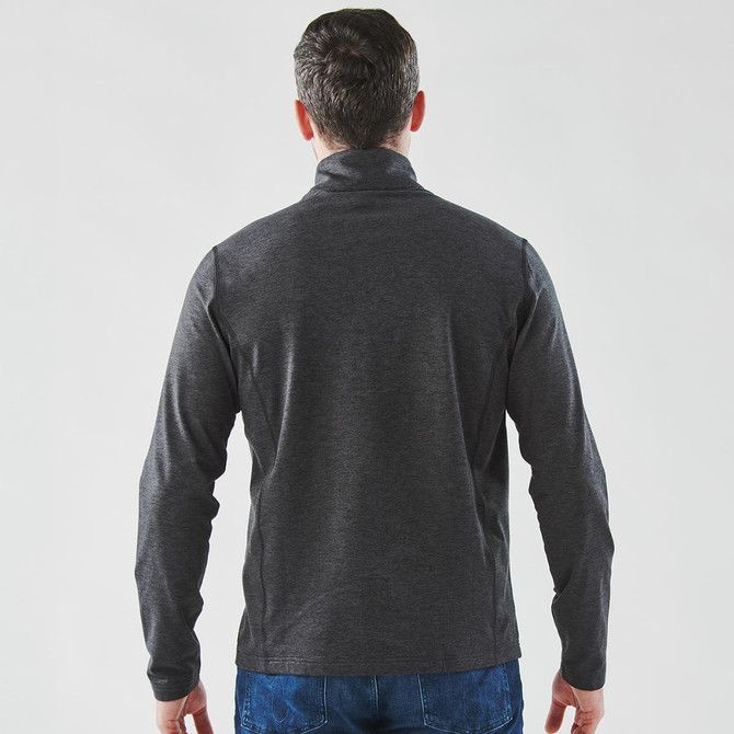 A men's quarter-zip pullover in dark grey, featuring a high collar and long sleeves, with a logo on the back.