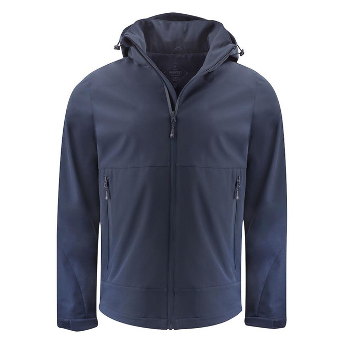 A men's softshell jacket in navy, featuring a hood and zippered pockets, with branding on the garment.