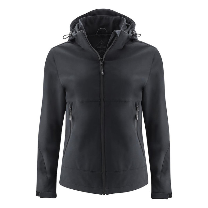 A women's softshell jacket in black with a hood, featuring zip pockets and a sleek design.