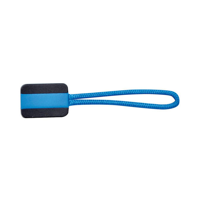 A black and blue zip puller with a flat rectangular top and a looped handle.