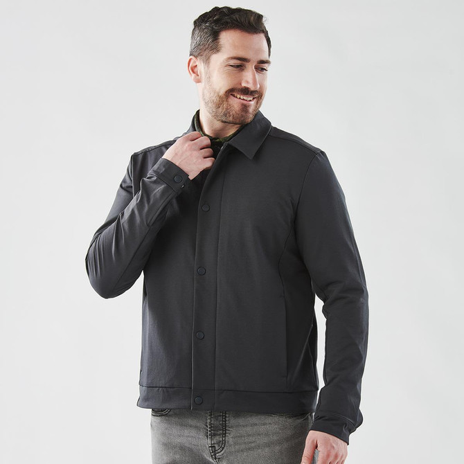 A men's grey Soho jacket with a collar, featuring a button-up front and a casual style. Logo present.