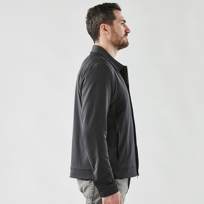 A men's jacket in dark grey, featuring a sleek design and a minimalistic look, with a logo present.