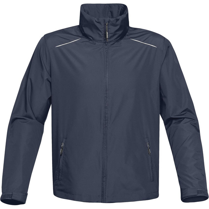 A navy rain jacket featuring a high collar and two zippered pockets, with a logo on the front.