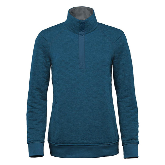 A teal women's thermal 1/4 zip pullover featuring a high collar and long sleeves. Includes a logo.
