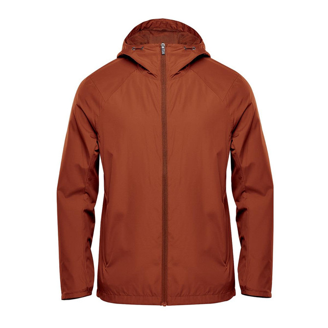 A men's wind jacket in a rich brown colour, featuring a hood and zip closure, with a logo on one side.