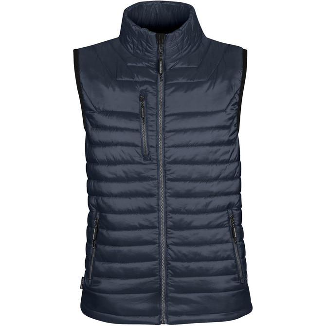 A dark blue men's thermal vest features a high collar, quilted design, and multiple zip pockets. It has a logo on the chest.